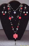 Red Cinnabar & Pewter 3 Strand Necklace & Earring Set