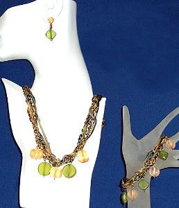 Hand Crochet & Acrylic Bead Necklace Bracelet & Earring Set